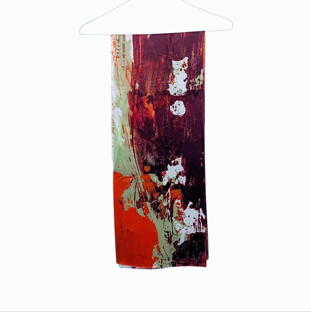 Vacation Abstract Brushstroke Large Silk Scarf in Orange, Sage Green & Brown